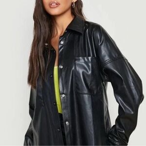 Womens Faux Leather Oversized Black Button-Down Shirt Size Medium
